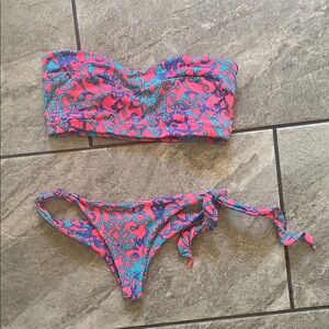 Indah Pink and Turquoise Patterned Bandeau Bikini
